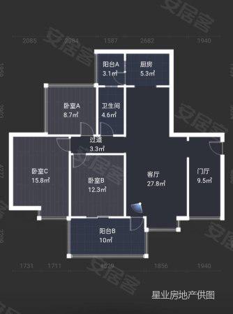 恒昌贵筑3室2厅1卫95.11㎡南北76万