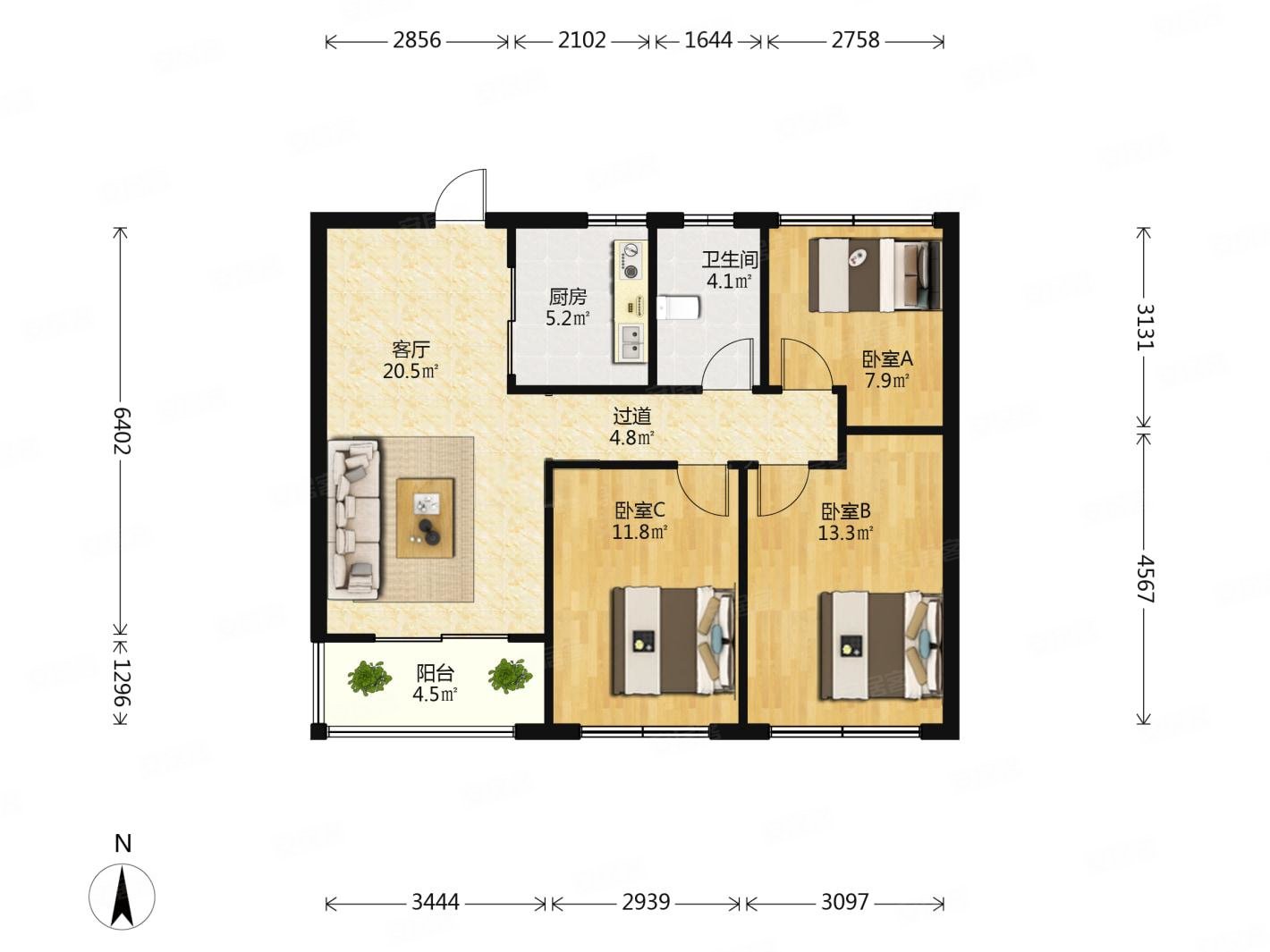 鲁能公馆(建邺)3室2厅1卫88.55㎡南390万