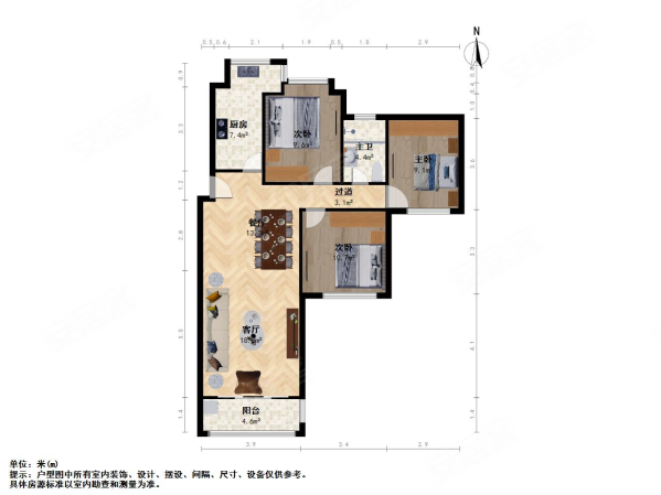 翔殷心秀3室2厅1卫117.35㎡南北698万