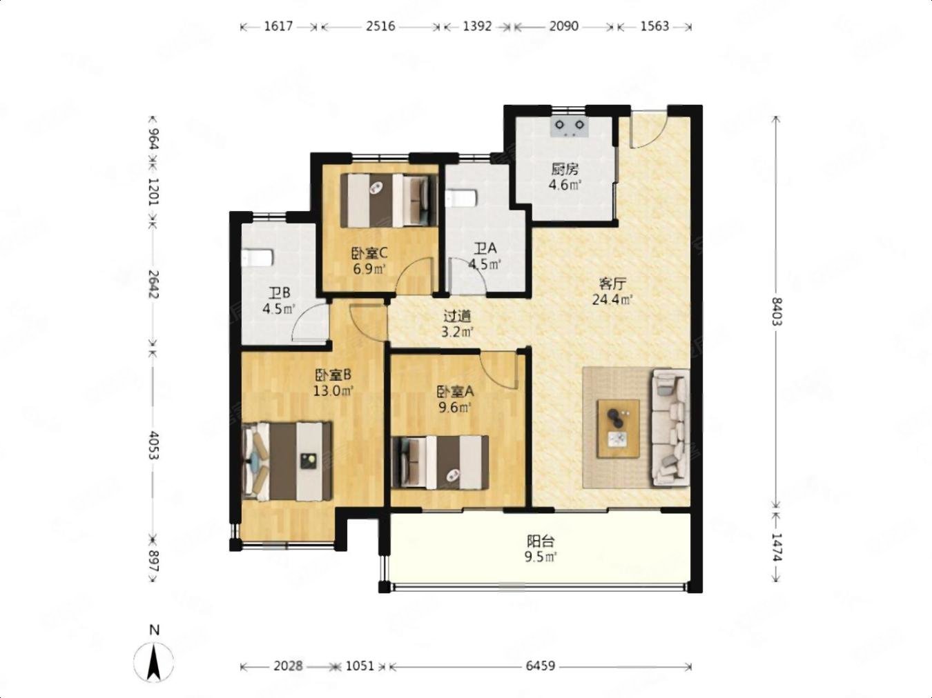 江望晴雨里3室2厅2卫107.7㎡南360万