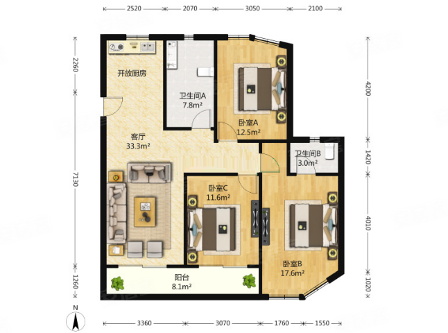 梓树园3室2厅2卫137.86㎡南900万