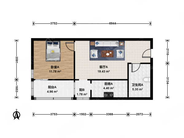 曙光花园望塔园1室1厅1卫65.57㎡西南499万