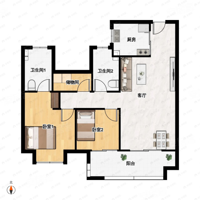 保利首开云璟3室2厅2卫97.47㎡南北125万