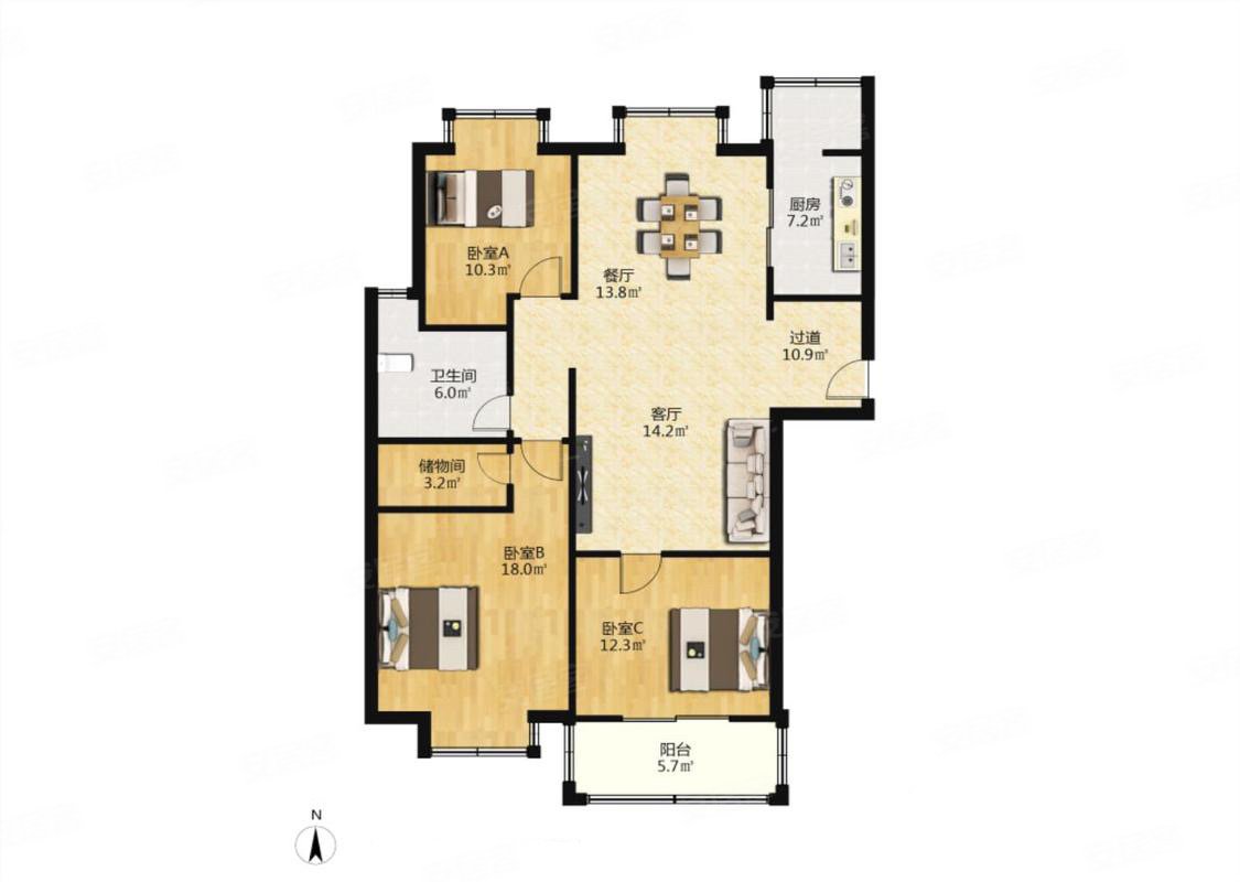 中央广场精装三室两厅一卫卧室朝南采光充足装修精致保养好