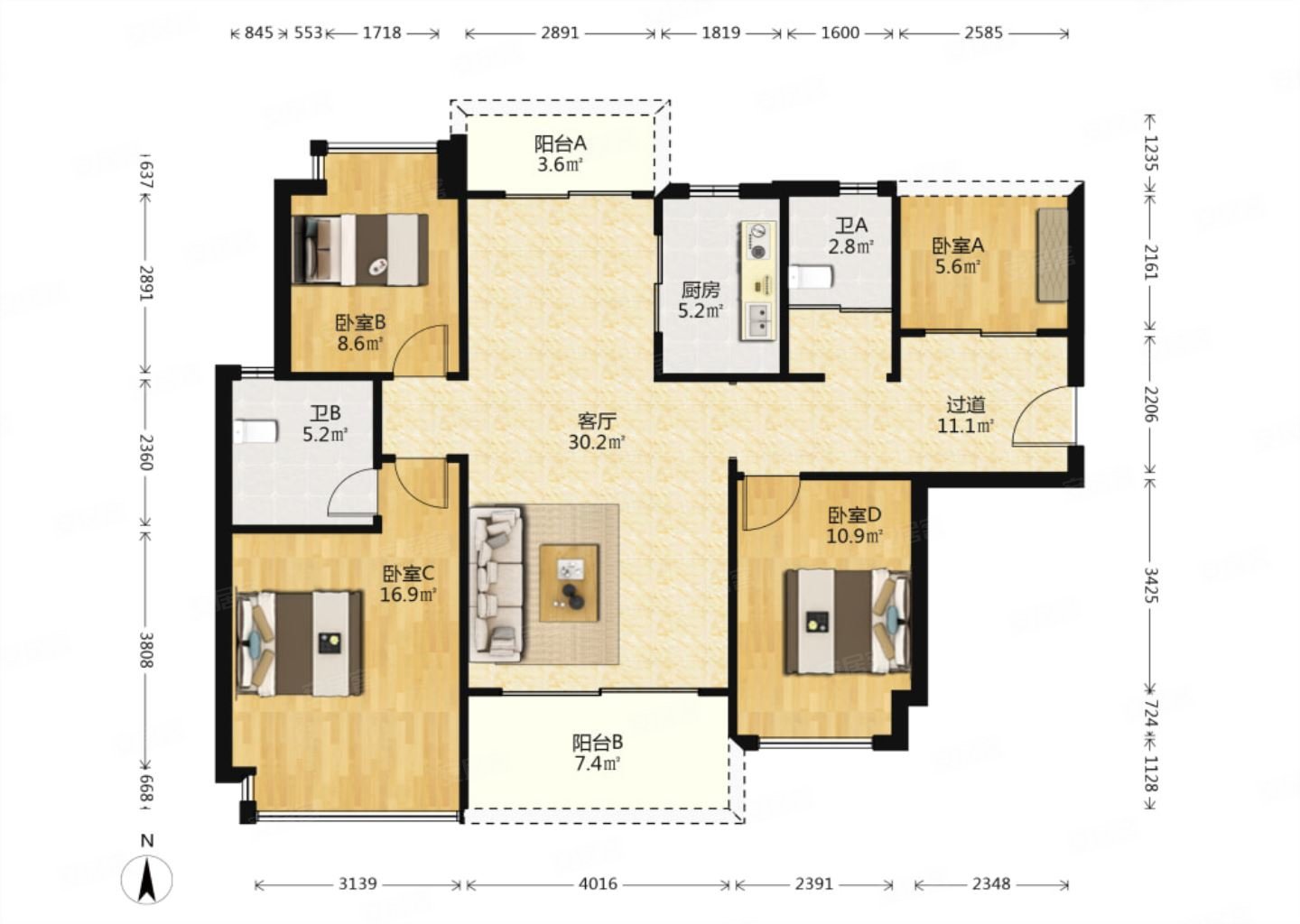 131平精装修双阳台南北通透4室2厅楼层好无遮挡