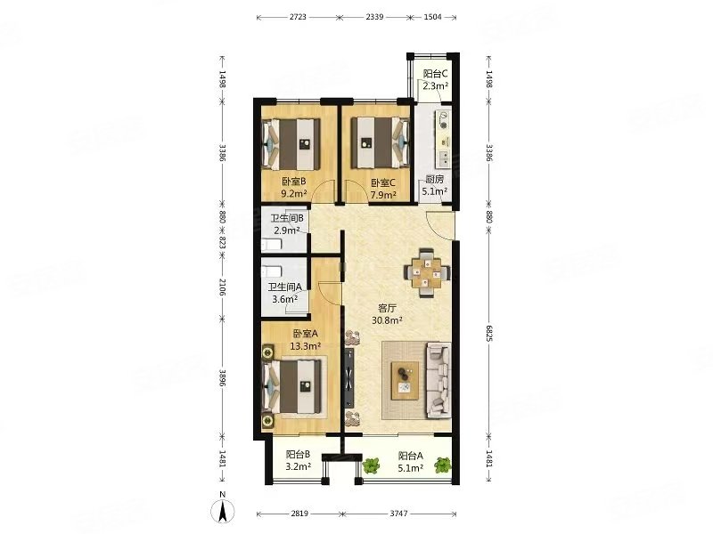 上上城第三季3室1厅2卫115.42㎡南北119万
