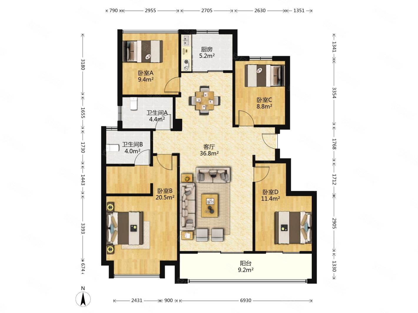 荣安桃花源4室2厅2卫127.61㎡南269万