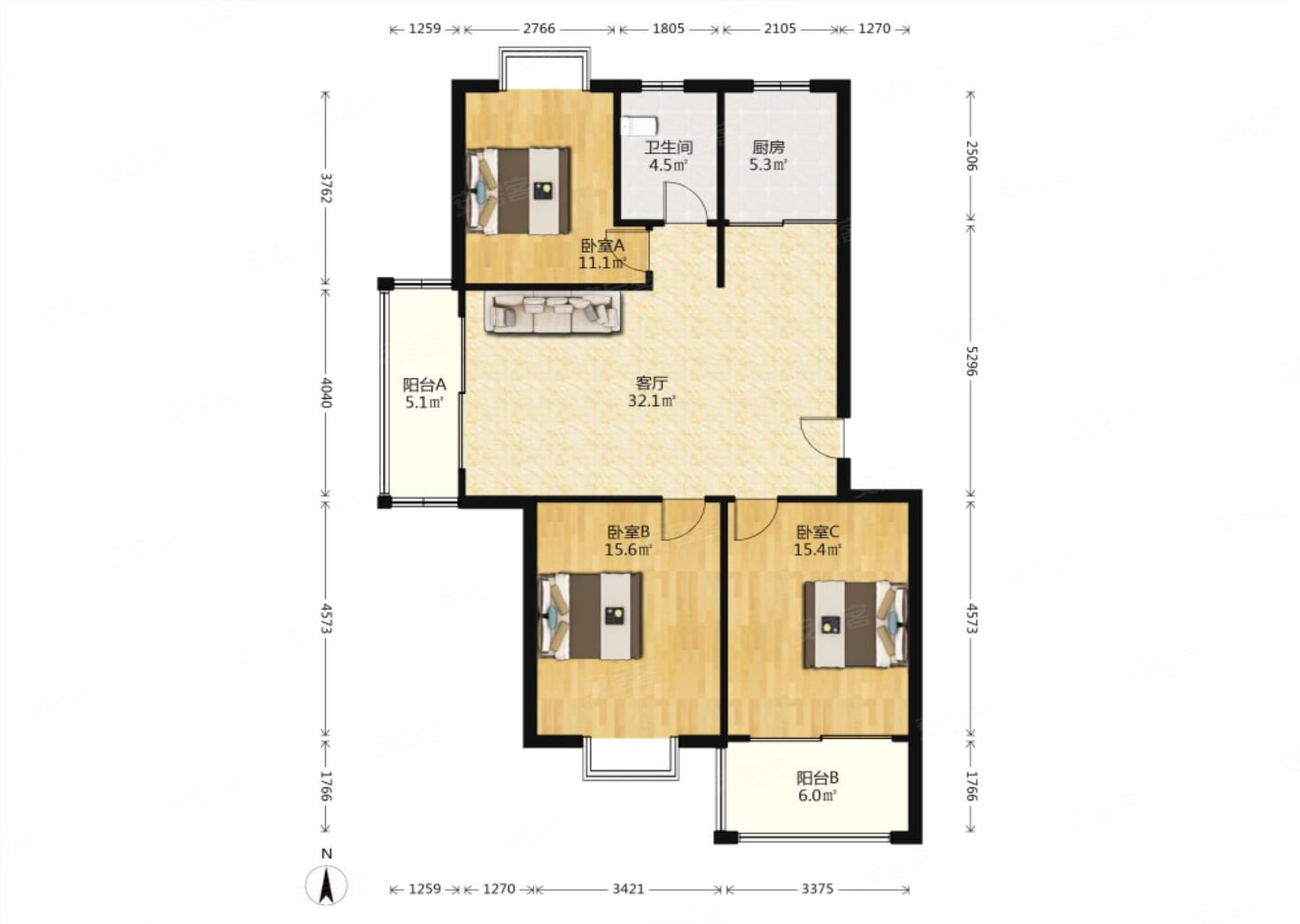 碧水云天3室2厅1卫110.38㎡南北330万