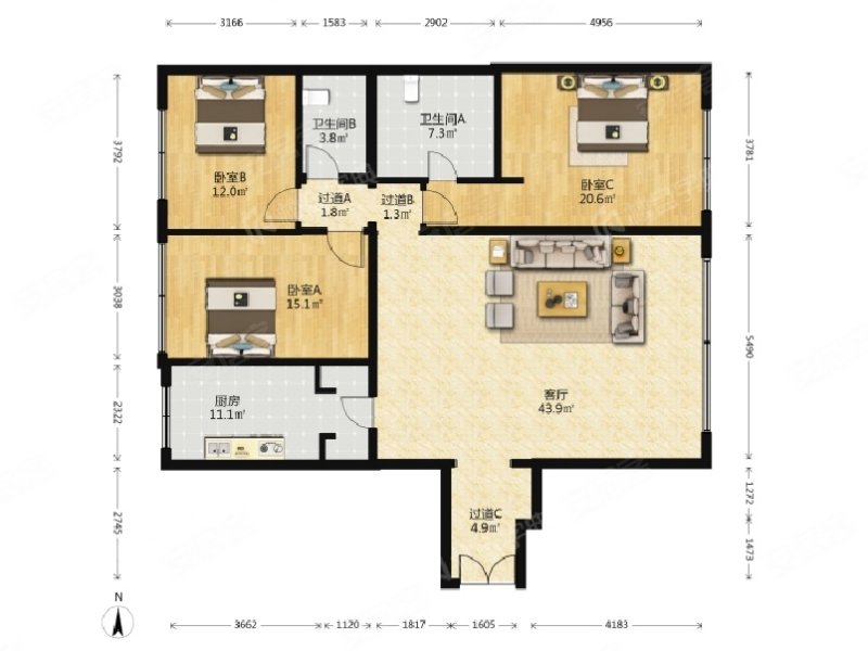 US联邦公寓3室2厅2卫171.68㎡东西1347万