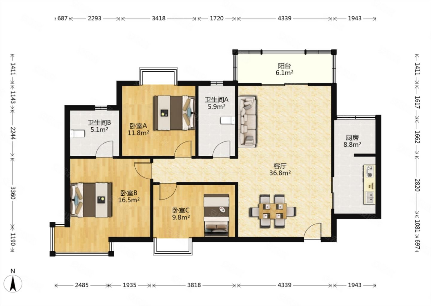 南北通透文景小区西区126平满二3室2厅电梯房