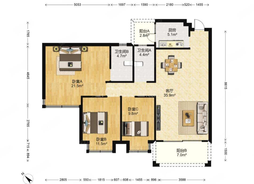 海逸豪庭客厅朝南户型,120平米舒适大三房,海逸豪庭二手房,88万,3室2