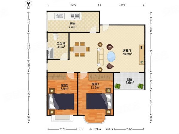 玮鹏花园2室2厅1卫76.19㎡南北670万