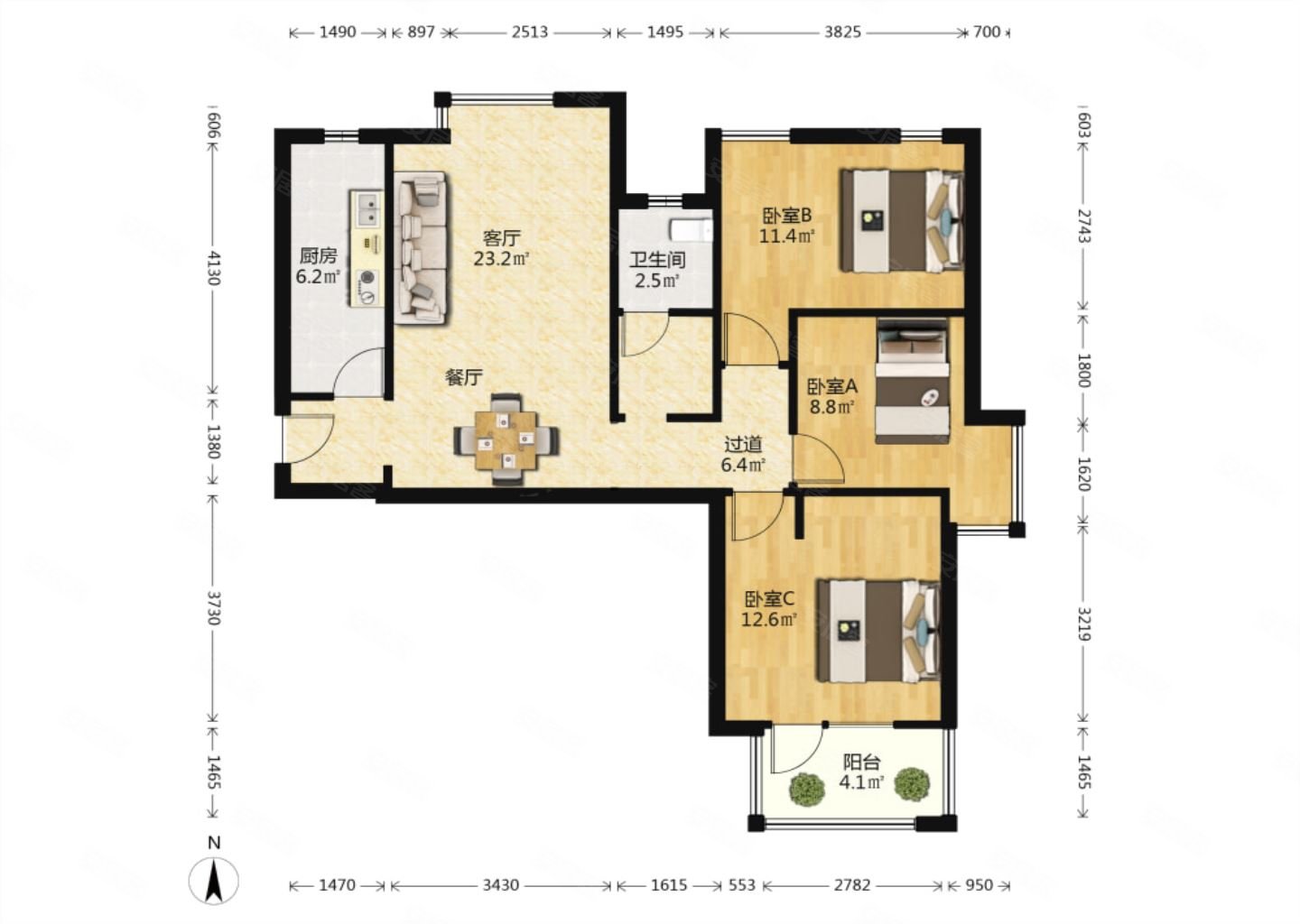 万科红郡3室2厅1卫89.21㎡南北243万