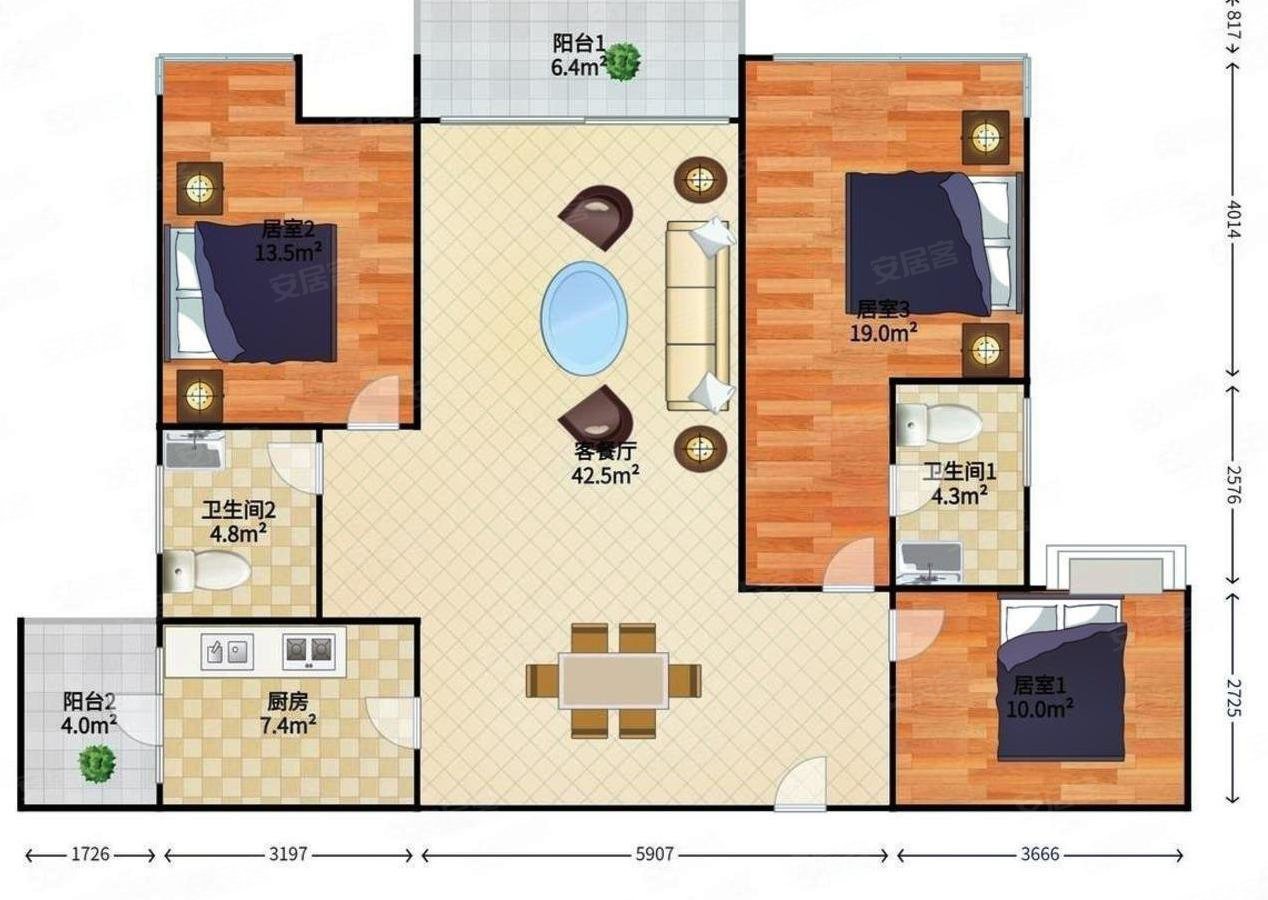 富丰新城3室2厅2卫136.69㎡南北280万
