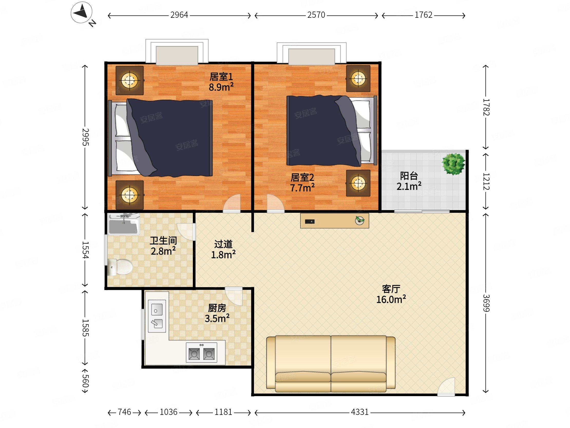 汇宾广场2室1厅1卫55.13㎡西南0万