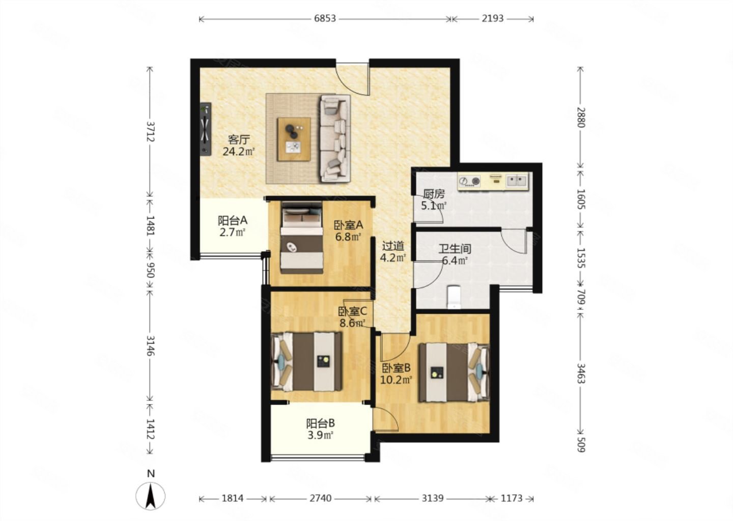 深业睿城3室2厅1卫91.17㎡南70万