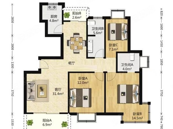 【多图】绿洲花园,顾村租房,急租,大三房2卫,可办居住证,采光好,户型