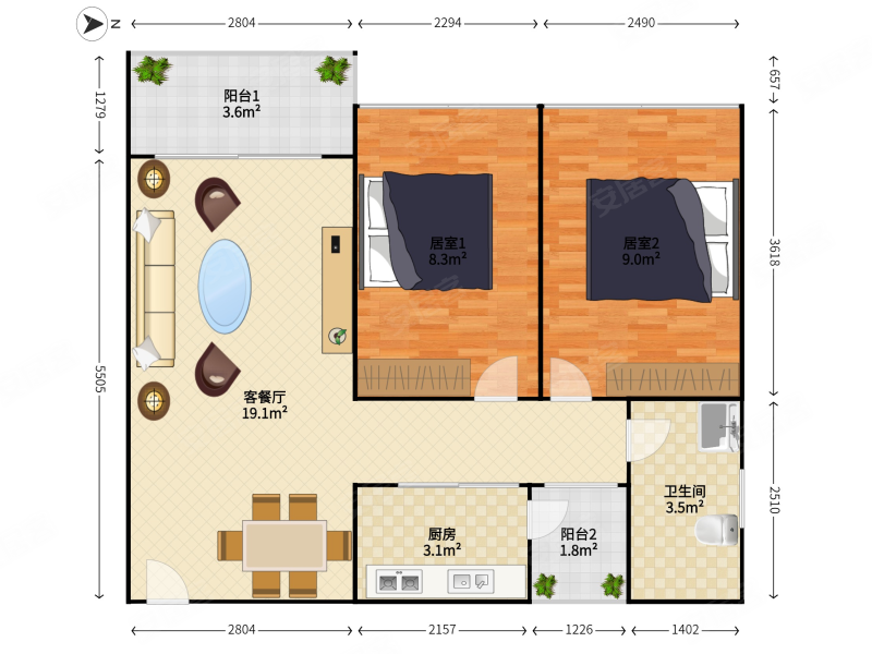 京基100蔡屋围老围花园2室2厅1卫63㎡南北387万