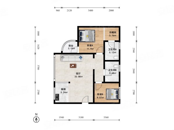 三全公寓2室1厅2卫110.38㎡东西820万