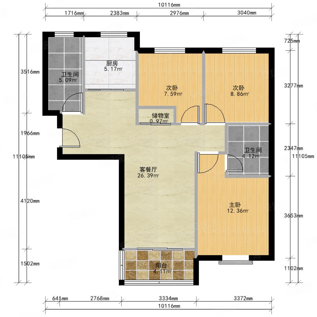 宏立瑞园3室2厅2卫116.55㎡南北570万