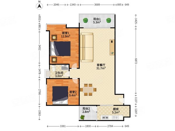【多图】保利中辰广场,龙口西租房,保利中辰广场 2 房 86 方,天河租房