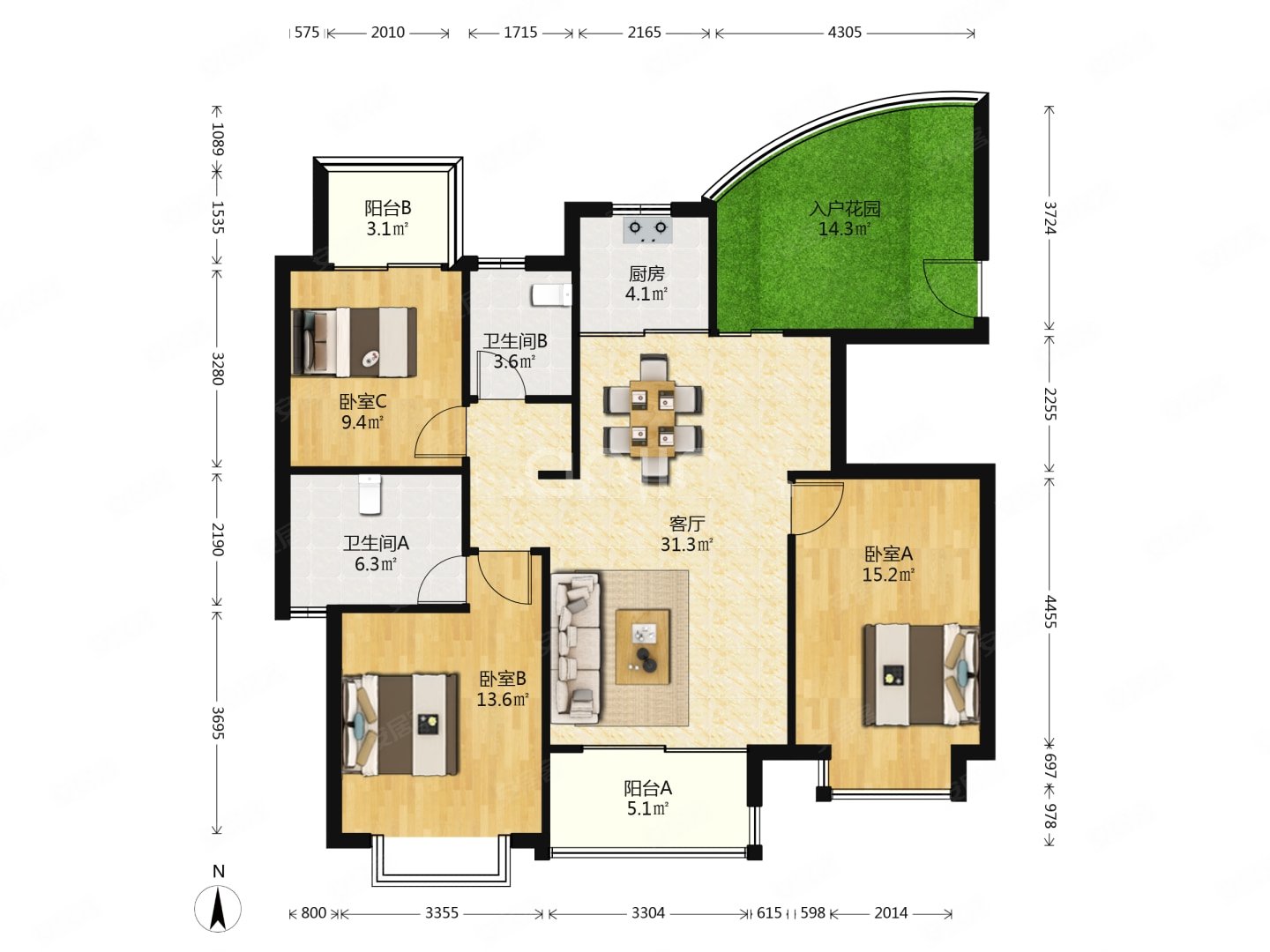 湘江世纪城咏江苑3室2厅2卫126.7㎡南北163万