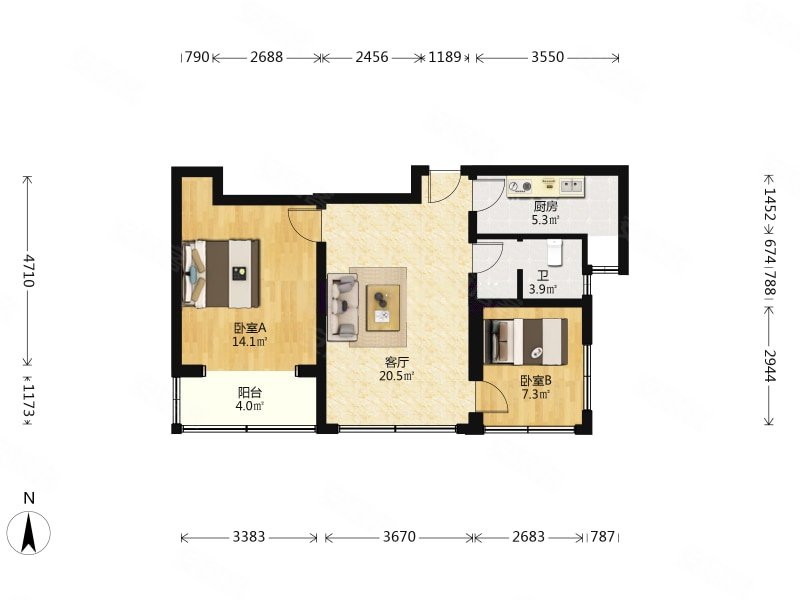 北街家园(五区)2室1厅1卫74㎡南332万