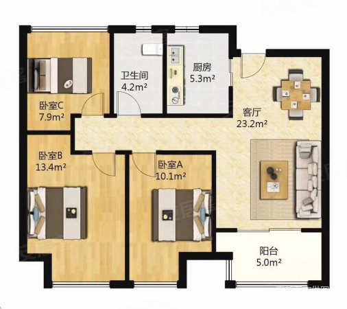 尼盛滨江城(西区)3室2厅1卫87.23㎡南北148万