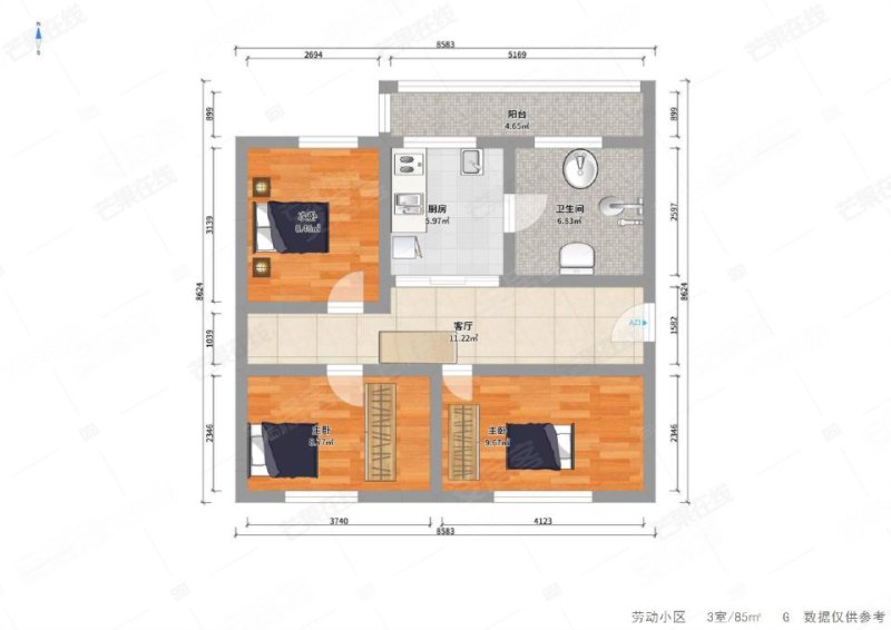 劳动路社区(西区)3室1厅1卫85.11㎡南北45万