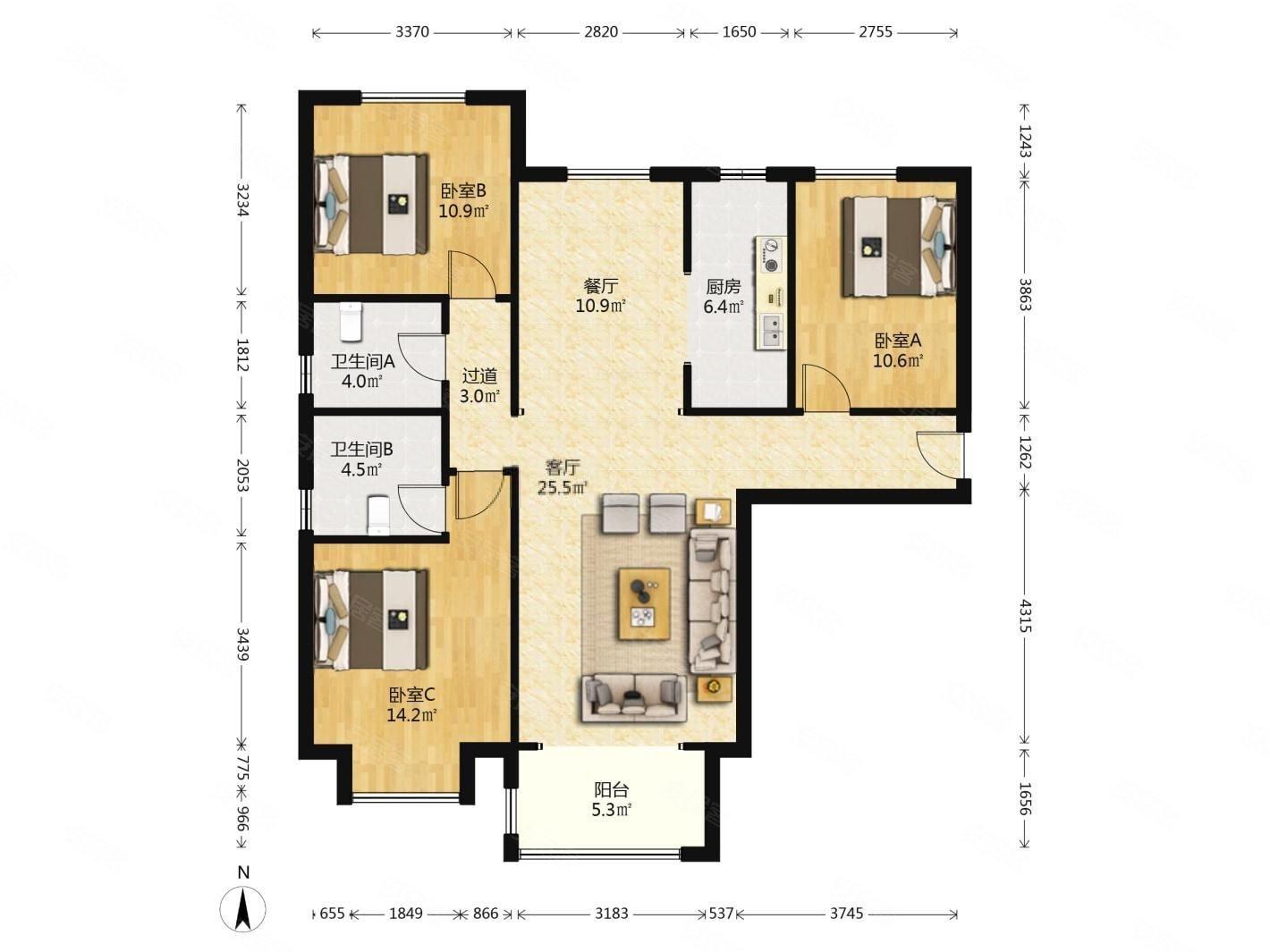 东南智汇城香峪园3室2厅2卫126㎡南北258万