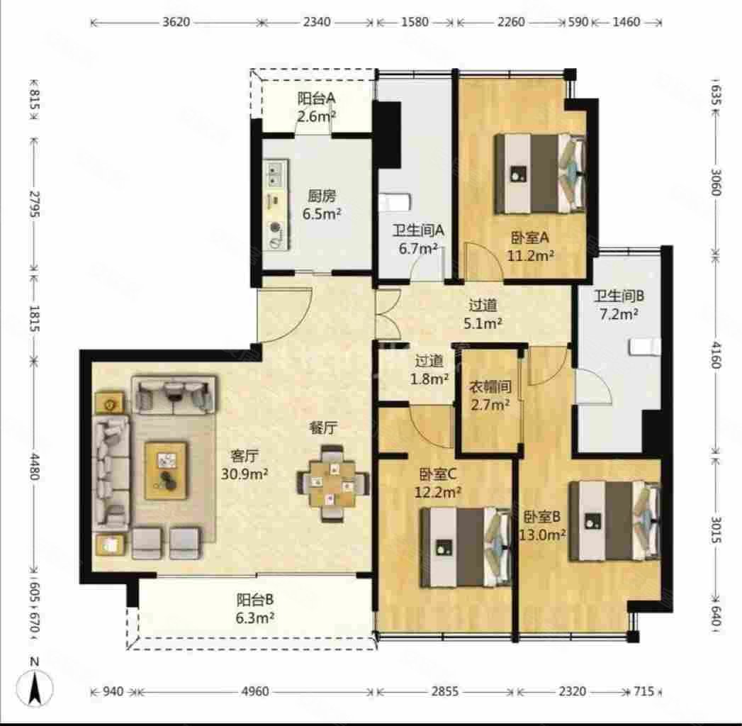 晶耀名邸(一期)3室1厅1卫136.9㎡南北2800万