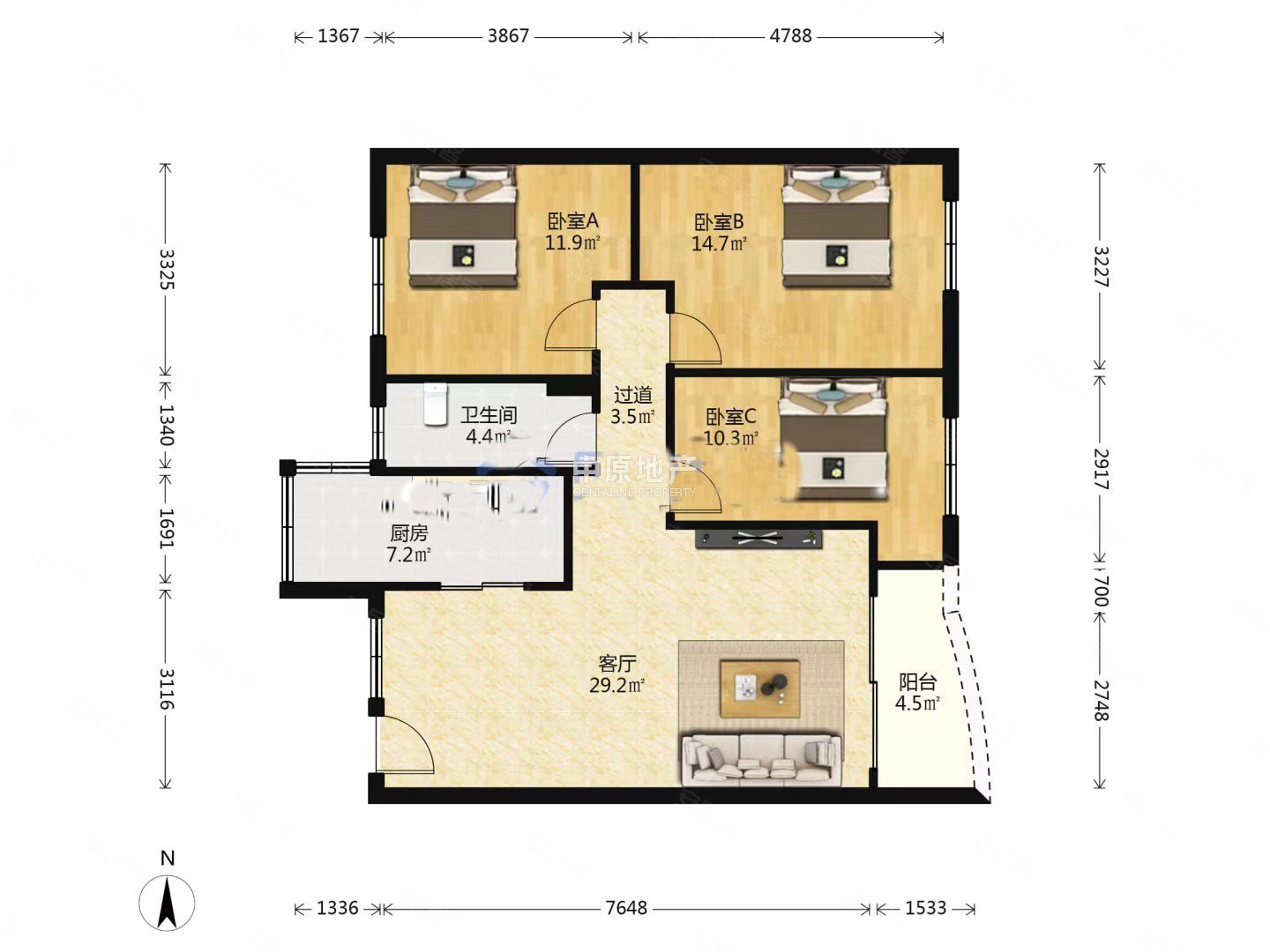 怡港花园3室2厅1卫102.39㎡南北320万