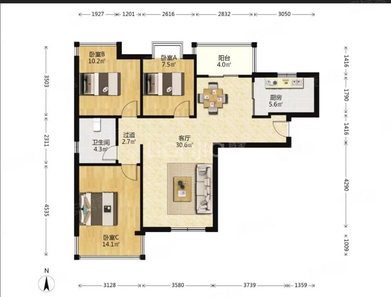 南城网红楼盘福天藏郡97平三房 中间楼层 90万满五