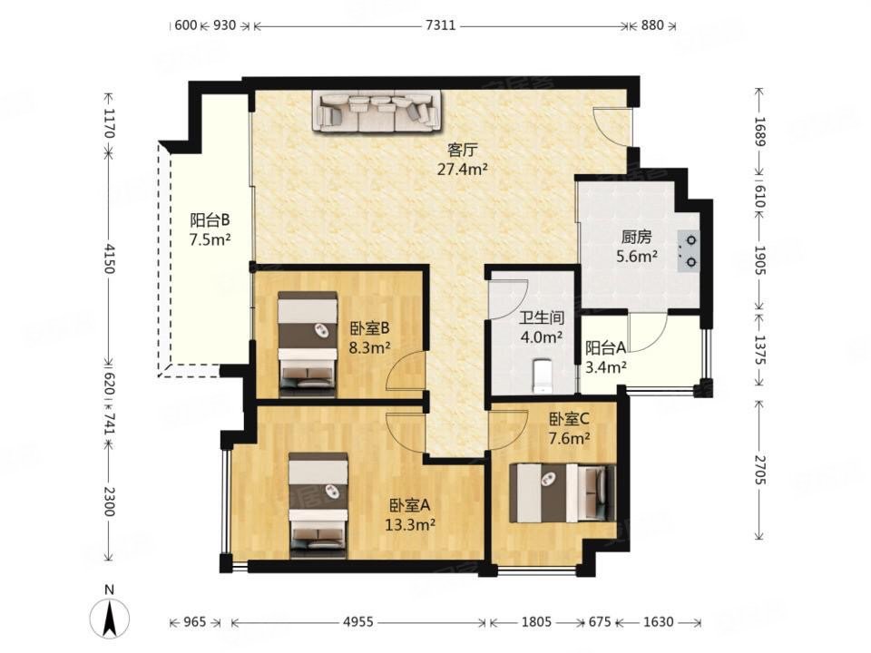 中粮万科金域蓝湾3室2厅1卫94.1㎡西南358万