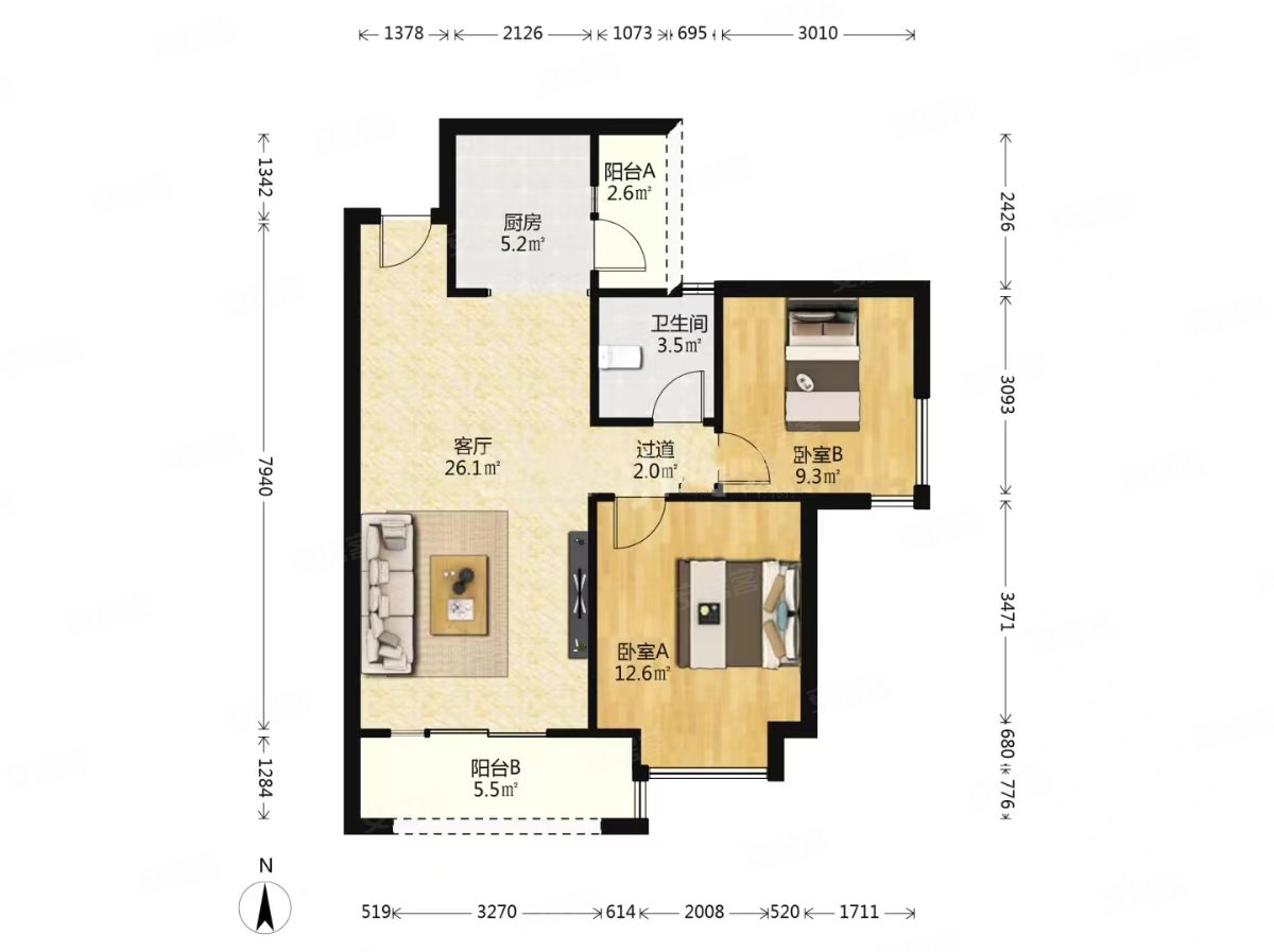 香榭国际(二期)2室2厅1卫70.34㎡南北138.8万