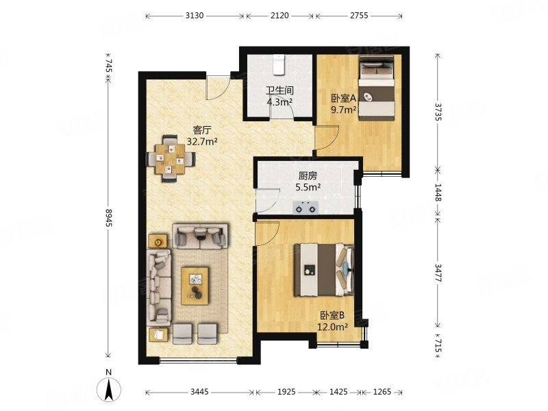 保利香颂湖2室2厅1卫85.36㎡南136万