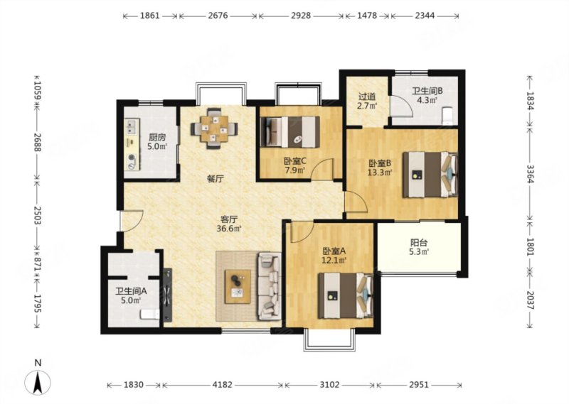 三室两卫南北房 全明户型 诚心出售证在手,富苑阳光二手房,173万,3室2