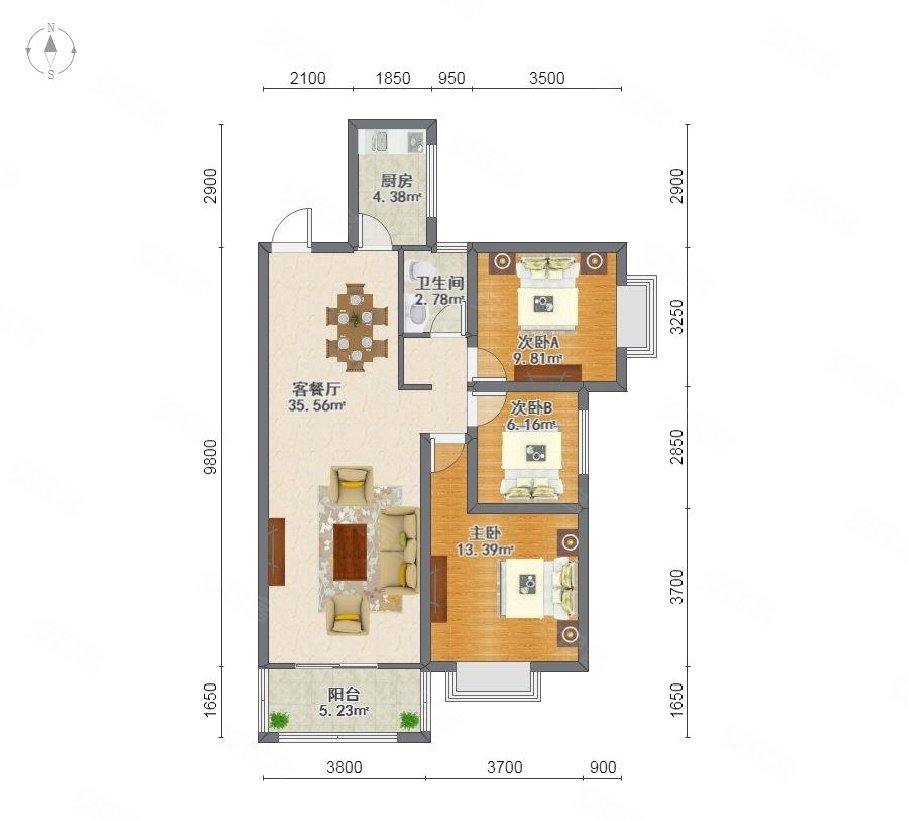 和谐家园3室2厅2卫89.5㎡南北38万