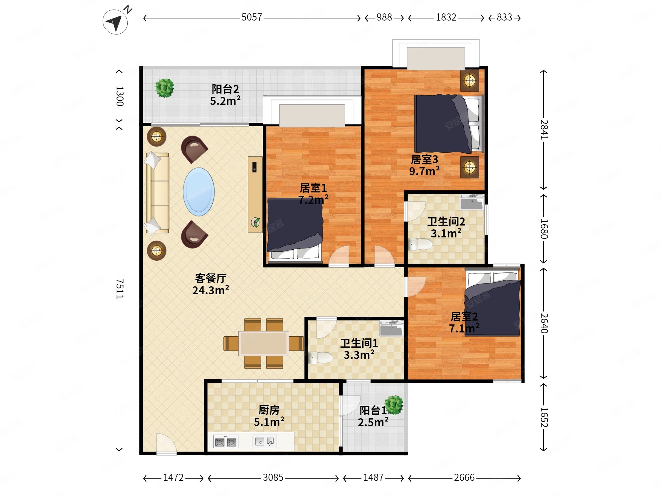 深业东岭3室2厅2卫85.83㎡西425万