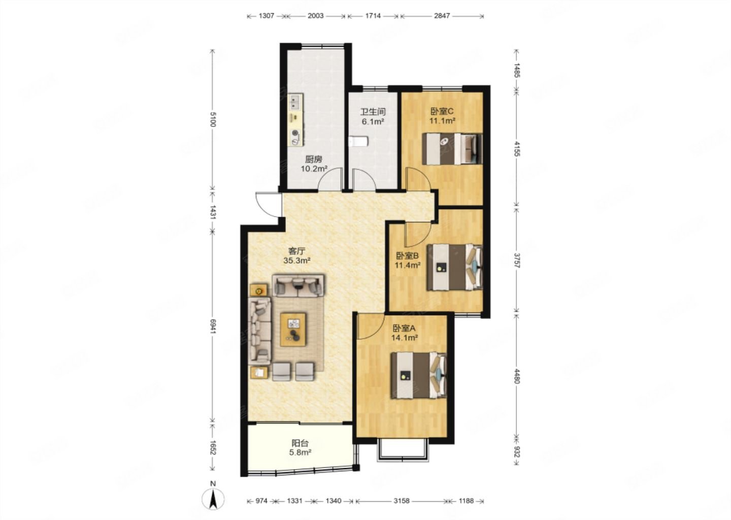 东城家园正规三房客厅朝南的户型