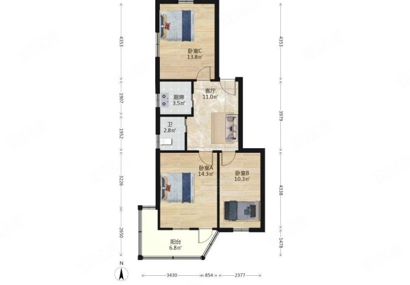 洪公祠小区3室1厅1卫75.06㎡南185万