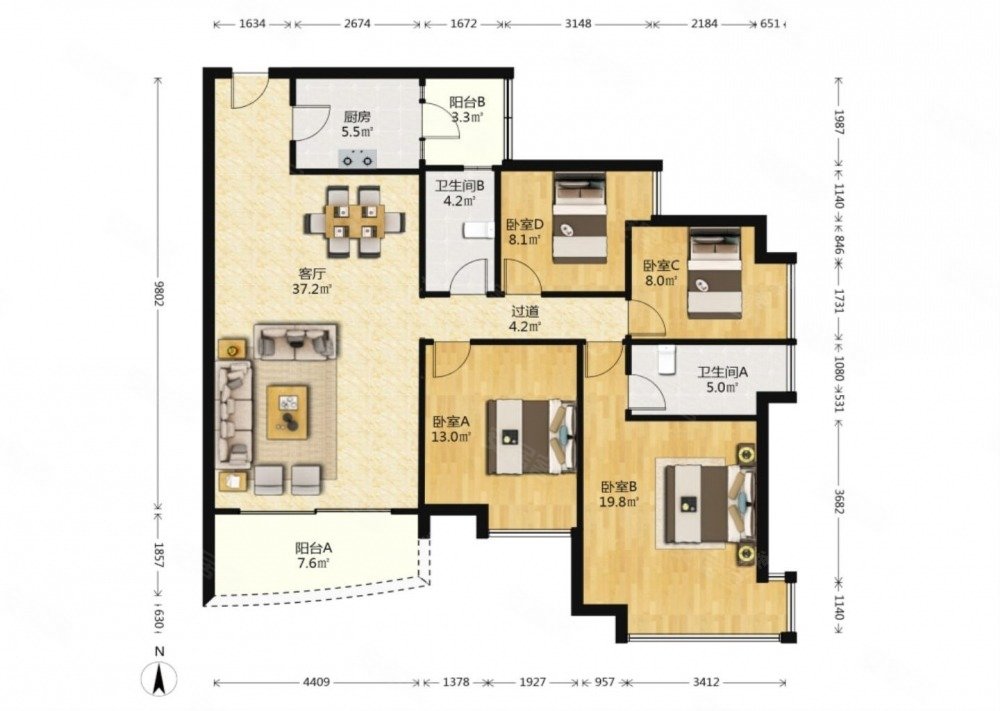 陶然庭苑4室2厅2卫148㎡南北1100万