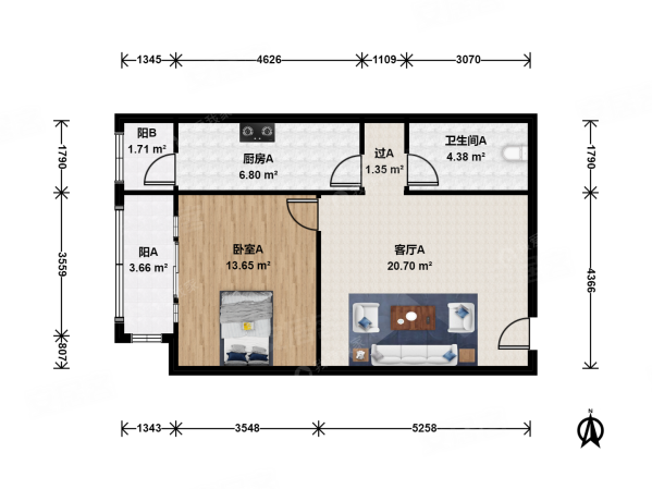 博客园1室1厅1卫60.37㎡西180万