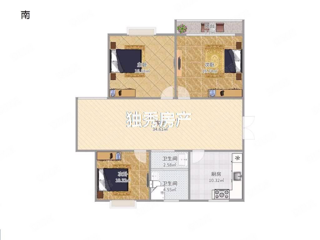 金瑞名城3室2厅1卫108㎡南北62.8万