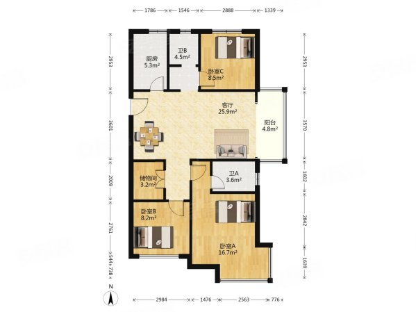 中南锦苑东边户南北通透三房户型方正不沿街