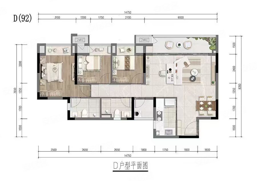 高新泷悦长安(一期)3室2厅2卫94㎡南北98万