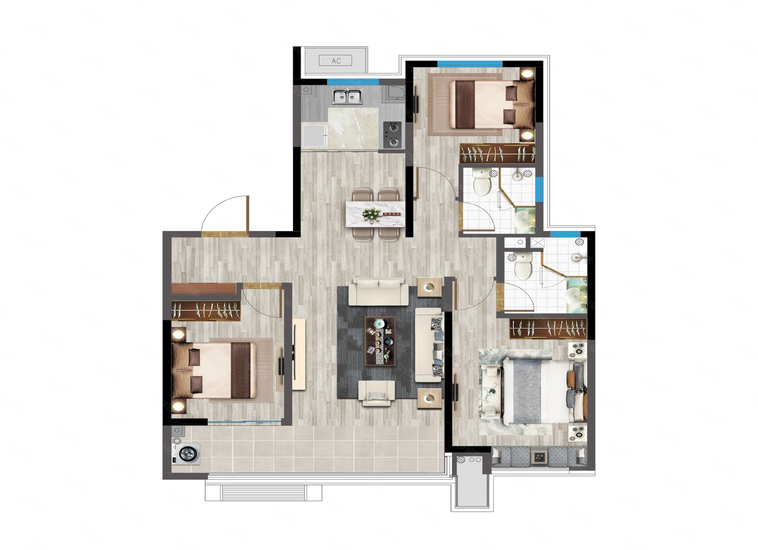 祥泰城文鼎园3室2厅2卫107.77㎡南128万