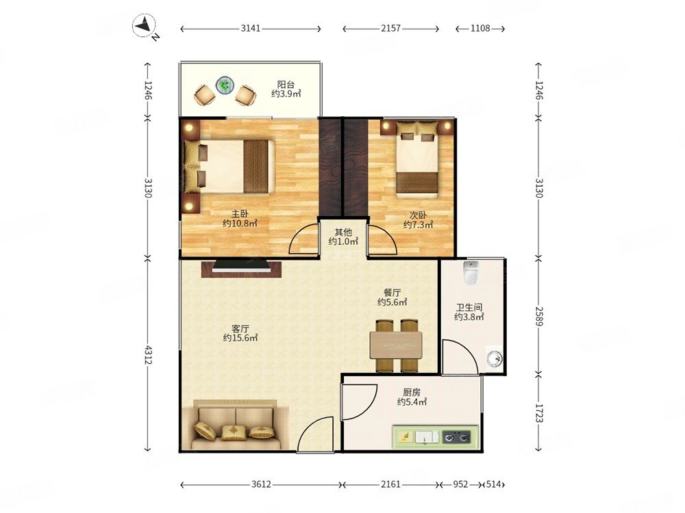 海富花园2室2厅1卫72.54㎡东南325万