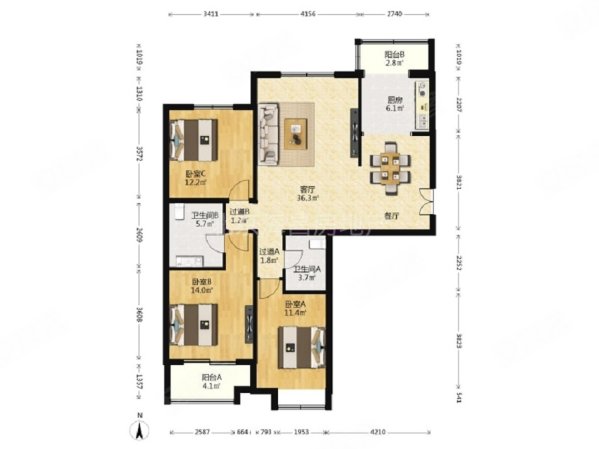 八家嘉园3室1厅2卫136.88㎡南北1120万