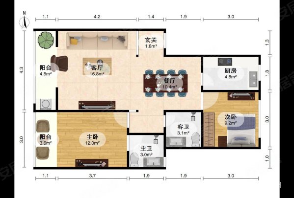 建新花园(蔡甸)2室2厅2卫95.71㎡南北42万